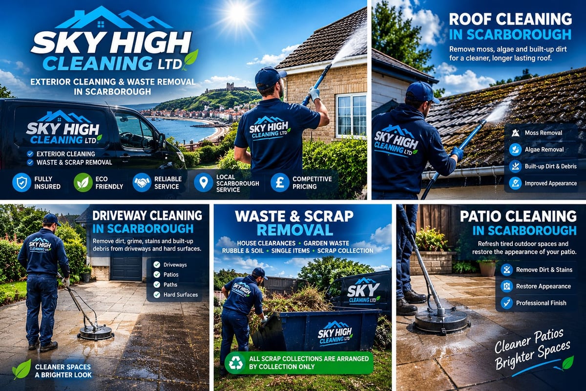 Sky High Cleaning marketing collage showing roof cleaning, driveway cleaning, waste removal, and patio cleaning services in Scarborough with branded workers and before/after examples
